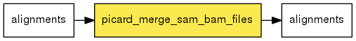 digraph foo {
   rankdir = LR;
   splines = true;
   graph [fontname = Helvetica, fontsize = 12, size = "14, 11", nodesep = 0.2, ranksep = 0.3];
   node [fontname = Helvetica, fontsize = 12, shape = rect];
   edge [fontname = Helvetica, fontsize = 12];
   picard_merge_sam_bam_files [style=filled, fillcolor="#fce94f"];
   in_0 [label="alignments"];
   in_0 -> picard_merge_sam_bam_files;
   out_1 [label="alignments"];
   picard_merge_sam_bam_files -> out_1;
}